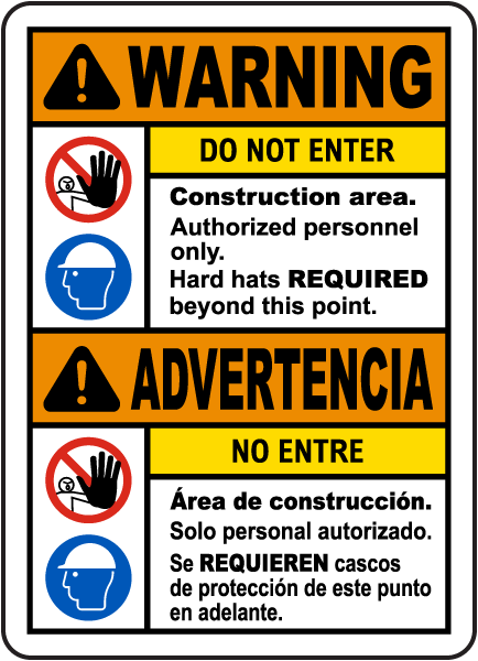 Bilingual Warning Construction Area Do Not Enter Sign