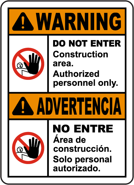 Bilingual Warning Construction Area Do Not Enter Sign