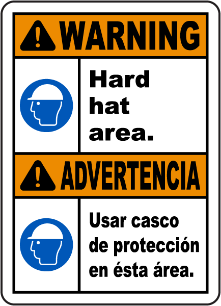 Bilingual Warning Hard Hat Area Sign