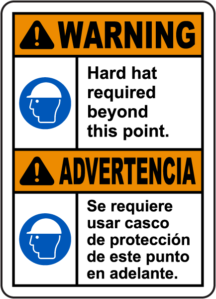 Bilingual Warning Hard Hat Required Beyond This Sign