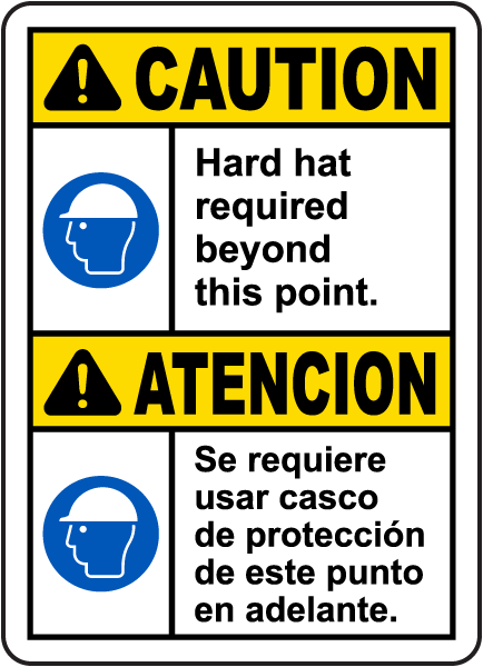 Bilingual Caution Hard Hat Required Beyond This Sign