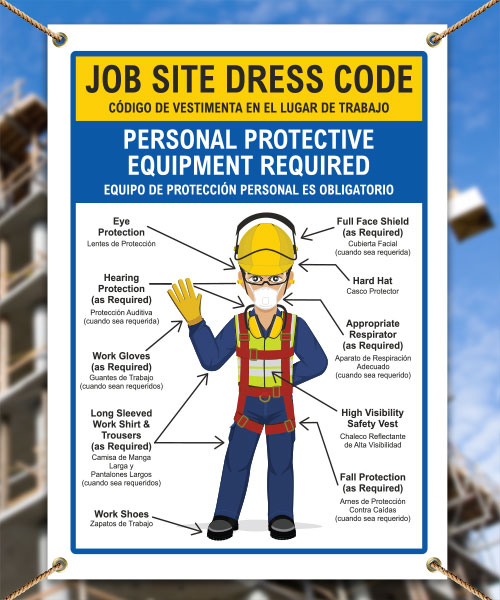 Bilingual Job Site Dress Code Max PPE Required Banner