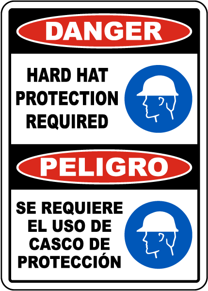 Bilingual Danger Hard Hat Protection Required Sign