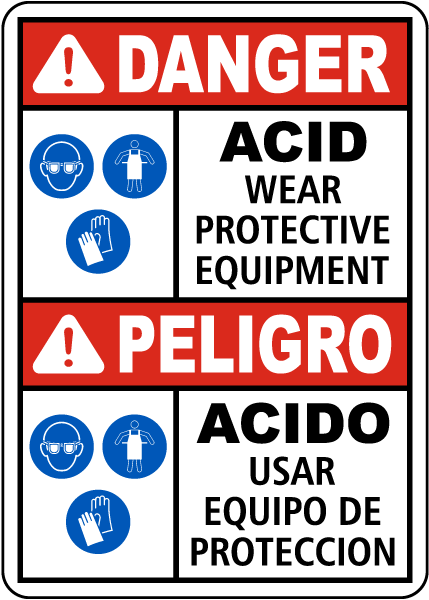 Bilingual Danger Acid Wear Protective Equipment Sign