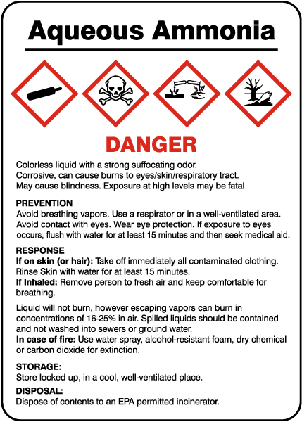 Aqueous Ammonia Prevention Response Storage Disposal GHS Sign