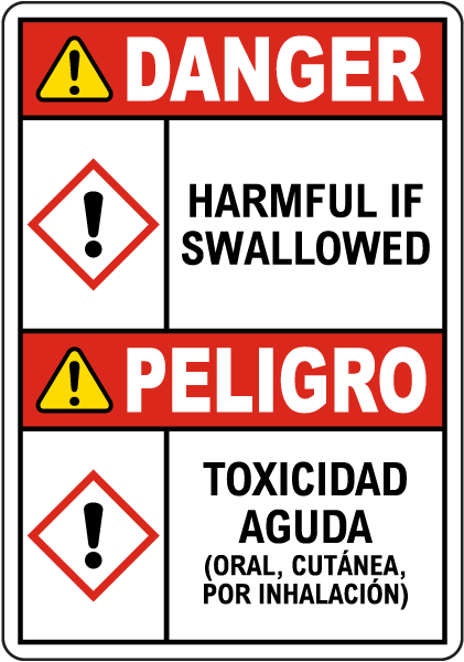 Bilingual Danger Harmful If Swallowed GHS Sign