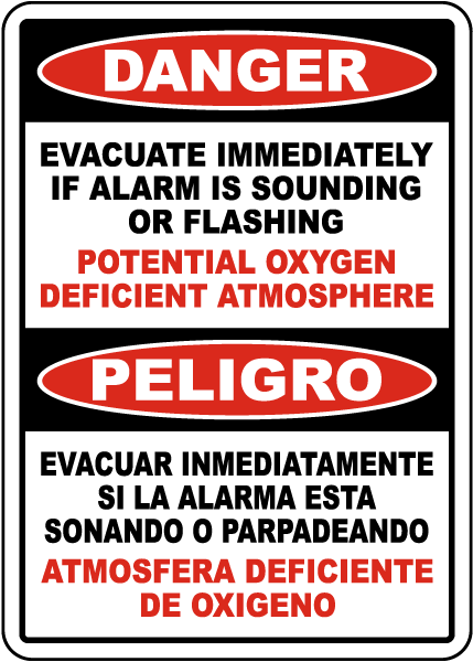 Bilingual Danger Evacuate Oxygen Deficient Atmosphere Sign