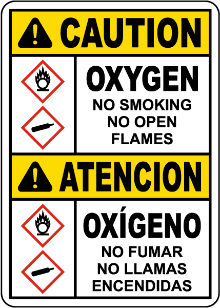 Bilingual Caution Oxygen No Smoking No Open Flames Sign