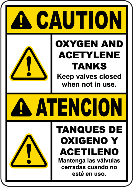 Bilingual Caution Oxygen And Acetylene Tanks Sign