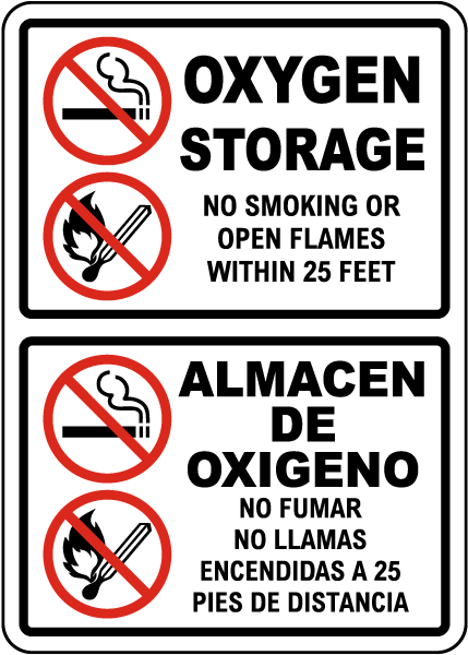 Bilingual Oxygen Storage No Smoking No Open Flames Sign
