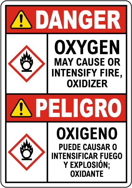 Bilingual Danger Oxygen Fire Oxidizer GHS Sign
