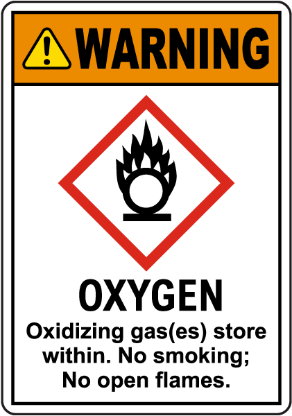 Warning Oxygen Oxidizing Gas(es) Store Within GHS Sign