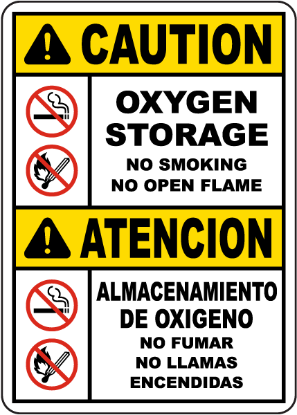 Bilingual Caution Oxygen Storage Sign