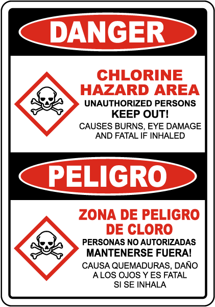 Bilingual Danger Chlorine Hazard Area Sign