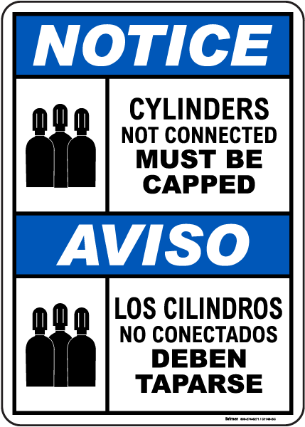 Bilingual Notice Cylinders Not Connected Must Be Capped Sign