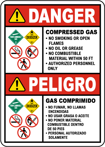 Bilingual Danger Compressed Gas Sign