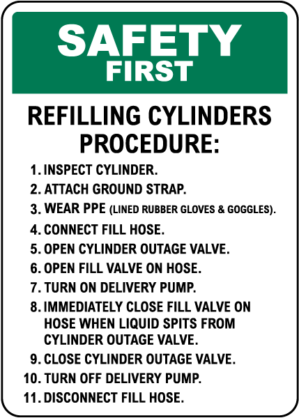 Safety First Refilling Cylinders Procedure Sign