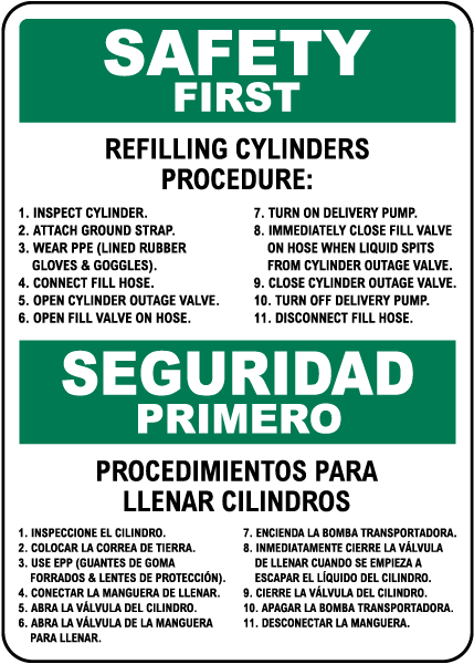 Bilingual Safety First Refilling Cylinders Procedure Sign