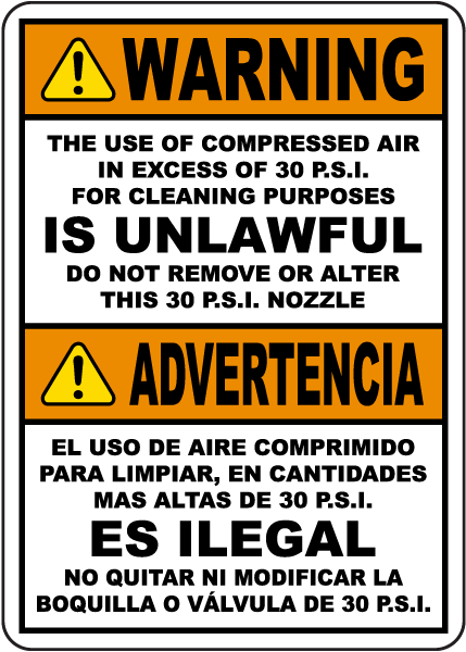Bilingual Warning Compressed Air 30 PSI For Cleaning Sign
