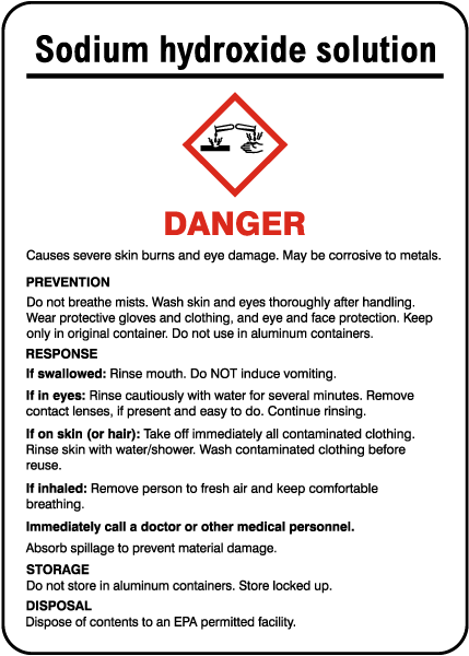Sodium Hydroxide Solution Prevention Response Storage GHS Sign