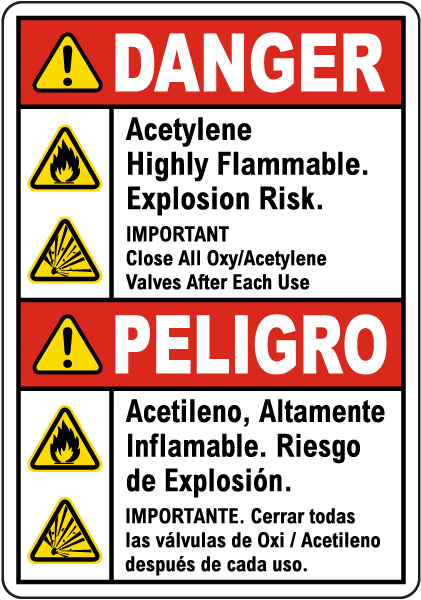Bilingual Acetylene Highly Flammable Sign