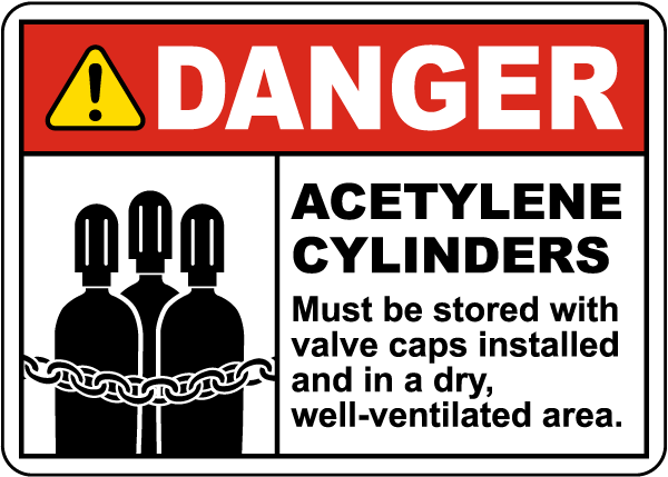 Acetylene Cylinders Must Be Stored With Valve Caps Sign