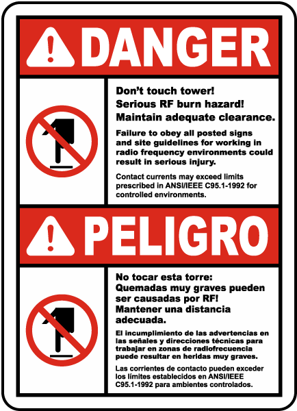 Bilingual Don't Touch Tower Serious RF Burn Hazard Sign