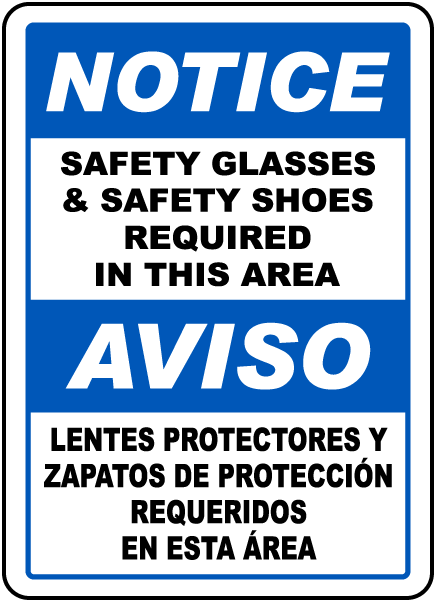 Bilingual Safety Glasses & Shoes Required Sign