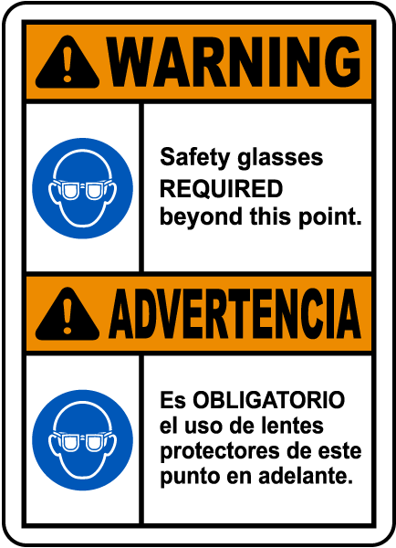 Bilingual Warning Safety Glasses Required Sign