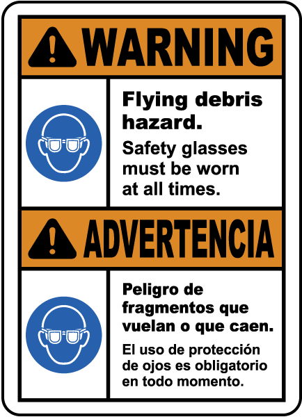 Bilingual Warning Flying Debris Hazard Safety Glasses Label