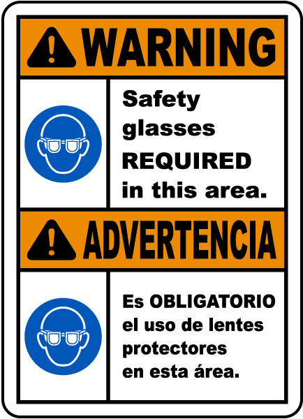 Bilingual Warning Safety Glasses Required Sign