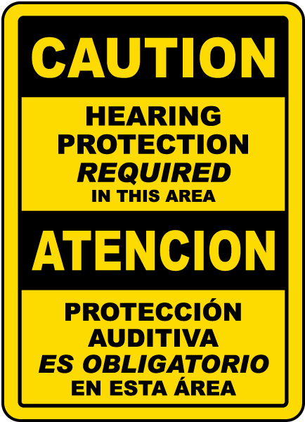 Bilingual Caution Hearing Protection In This Area Sign