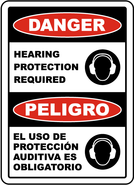 Bilingual Danger Hearing Protection Required Sign