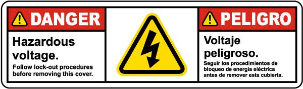 Bilingual Hazardous Voltage Follow Lock Out Procedures Label