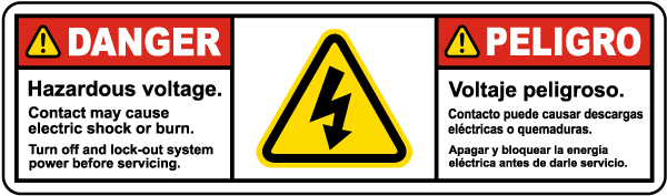 Bilingual Hazardous Voltage Lock Out Power Before Servicing Label