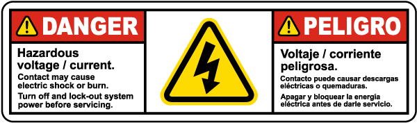Bilingual Hazardous Voltage and Current Lock Out Power Before Servicing Label