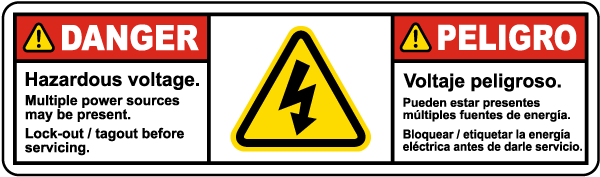 Bilingual Hazardous Voltage Multiple Power Sources Present Label