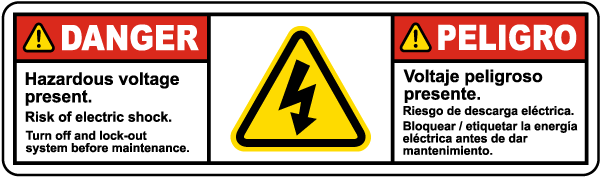 Bilingual Hazardous Voltage Present Turn Off and Lock Out System Label