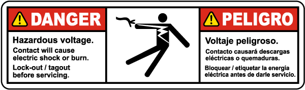 Bilingual Hazardous Voltage Contact Will Cause Electric Shock Label