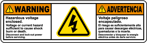 Bilingual Hazardous Voltage Enclosed Disconnect and Lock Out Power Label