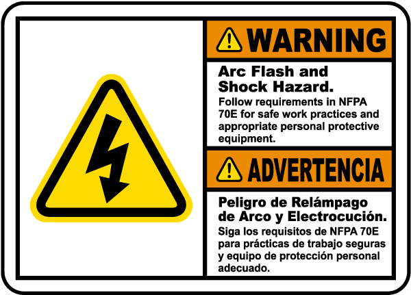Bilingual Warning Arc Flash & Shock Hazard Label