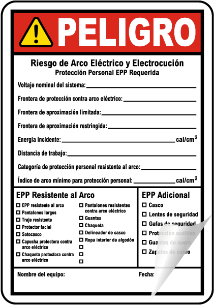 Spanish Write-On NFPA 70E Arc Flash & PPE Danger Label
