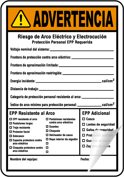 Spanish Write-On NFPA 70E Arc Flash & PPE Warning Label 