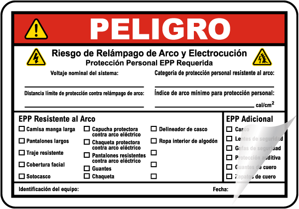 Spanish Danger Arc Flash & Shock Hazard Label