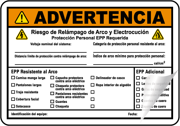 Spanish Warning Arc Flash & Shock Hazard Label