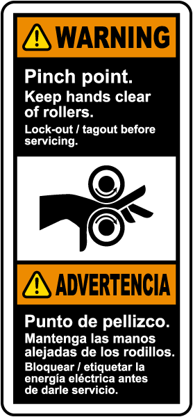 Bilingual Pinch Point Keep Hands Clear of Rollers Label