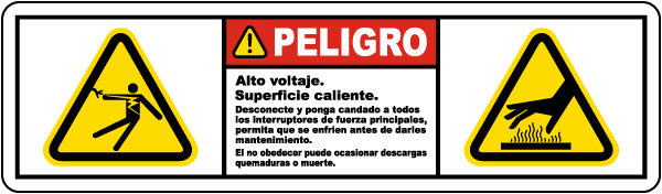 Spanish Danger High Voltage Hot Surface Turn Off Label