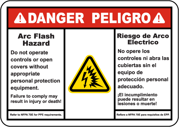 Bilingual Danger Arc Flash Hazard Label
