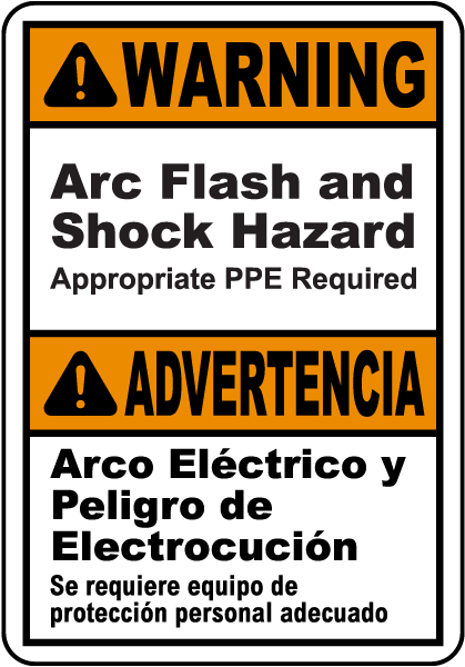 Bilingual Warning Arc Flash And Shock Hazard Label