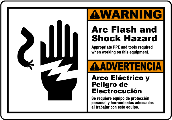 Bilingual Warning Arc Flash And Shock Hazard Label